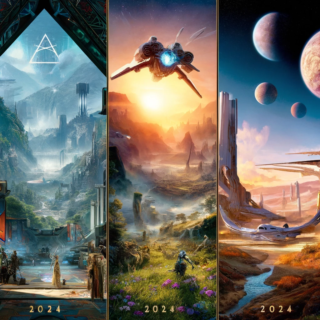 Illustrative montage of upcoming 2024 video game releases, showcasing snippets from "Elder Scrolls VI," "Starfield," and "Horizon Forbidden West."