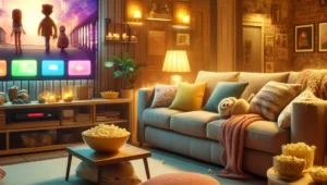 Image depicting a cozy living room setup at night with a TV screen displaying the title "Best TV Shows to Binge-Watch".