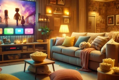 Image depicting a cozy living room setup at night with a TV screen displaying the title "Best TV Shows to Binge-Watch".