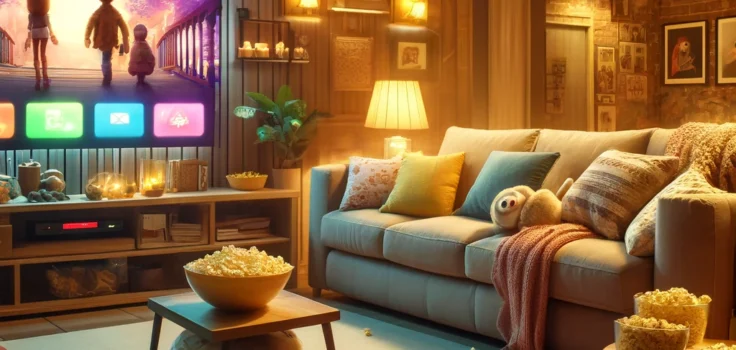 Image depicting a cozy living room setup at night with a TV screen displaying the title "Best TV Shows to Binge-Watch".