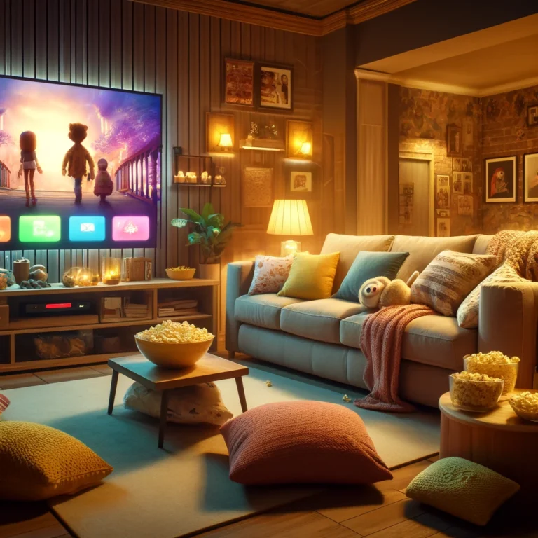 Image depicting a cozy living room setup at night with a TV screen displaying the title "Best TV Shows to Binge-Watch".