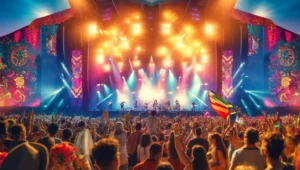 A vibrant scene at a global music festival, showing a diverse crowd of attendees enjoying a live performance with colorful stage lights and dynamic atmosphere.