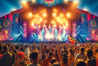 A vibrant scene at a global music festival, showing a diverse crowd of attendees enjoying a live performance with colorful stage lights and dynamic atmosphere.