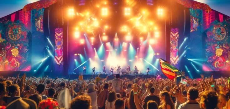 A vibrant scene at a global music festival, showing a diverse crowd of attendees enjoying a live performance with colorful stage lights and dynamic atmosphere.