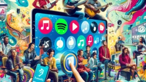 A vibrant collage of diverse music streaming platforms, with users engaging in music discovery.