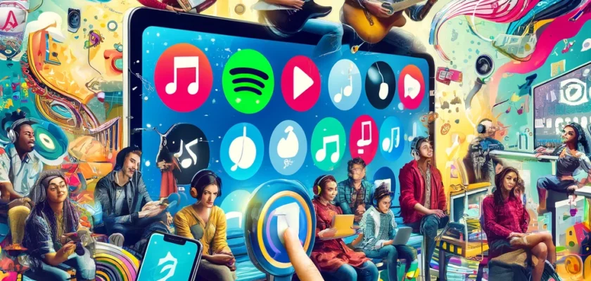 A vibrant collage of diverse music streaming platforms, with users engaging in music discovery.