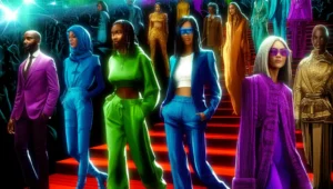 A dynamic collage of celebrities on the red carpet showcasing bold color trends and sustainable fashion styles in 2024.