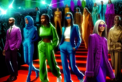 A dynamic collage of celebrities on the red carpet showcasing bold color trends and sustainable fashion styles in 2024.