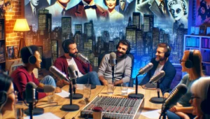 An engaging visual of podcast hosts and movie buffs gathered around microphones, discussing classic films with iconic movie scenes in the background.
