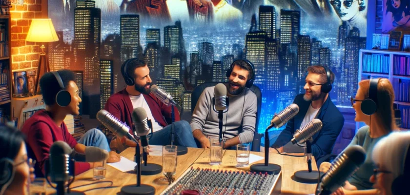 An engaging visual of podcast hosts and movie buffs gathered around microphones, discussing classic films with iconic movie scenes in the background.