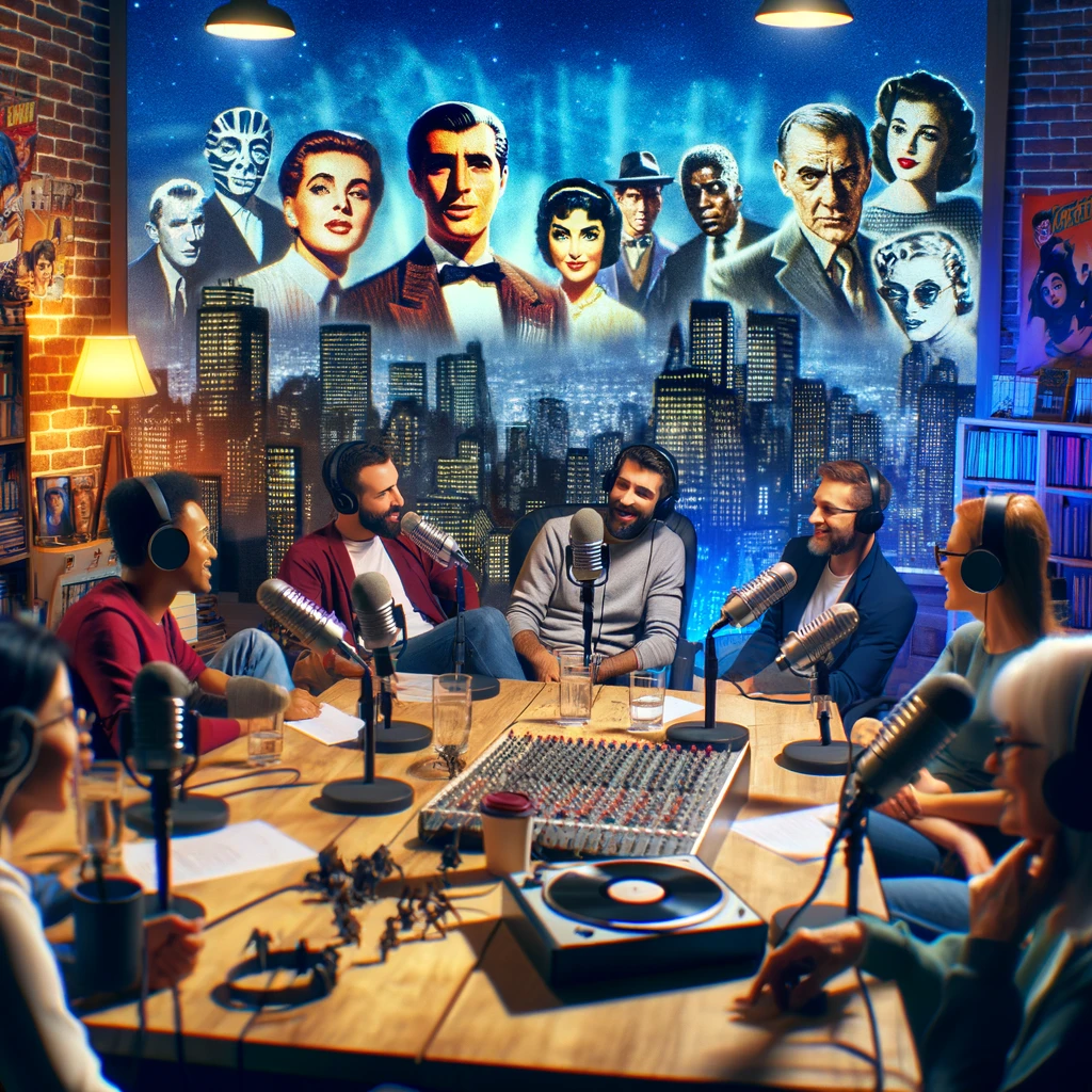 An engaging visual of podcast hosts and movie buffs gathered around microphones, discussing classic films with iconic movie scenes in the background.