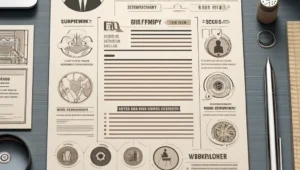 A detailed illustration of a professional resume layout with highlighted sections for header, summary, skills, and work experience.