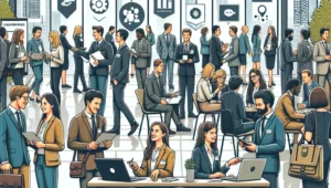A diverse group of professionals engaging in conversation at a conference, exchanging business cards and ideas, illustrating the dynamic networking opportunities available in various industries