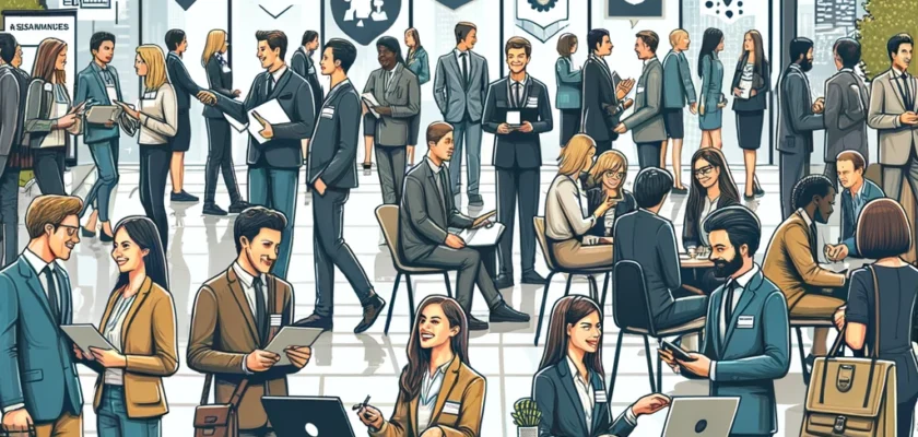 A diverse group of professionals engaging in conversation at a conference, exchanging business cards and ideas, illustrating the dynamic networking opportunities available in various industries