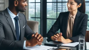A professional confidently discussing salary terms with an employer during a negotiation meeting, illustrating successful salary negotiation strategies.