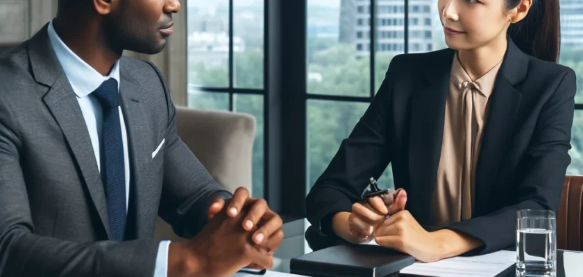 A professional confidently discussing salary terms with an employer during a negotiation meeting, illustrating successful salary negotiation strategies.