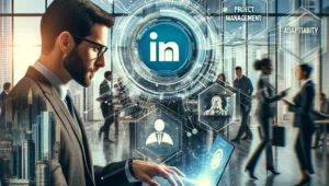 A composite image showing a professional enhancing their LinkedIn profile with skills like data literacy, project management, and adaptability, against a backdrop of a bustling modern office environment.