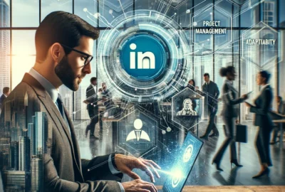A composite image showing a professional enhancing their LinkedIn profile with skills like data literacy, project management, and adaptability, against a backdrop of a bustling modern office environment.