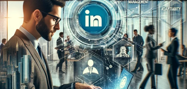 A composite image showing a professional enhancing their LinkedIn profile with skills like data literacy, project management, and adaptability, against a backdrop of a bustling modern office environment.