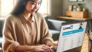 A recent graduate updating their LinkedIn profile on a laptop, showcasing their skills and accomplishments in a modern, bright workspace.
