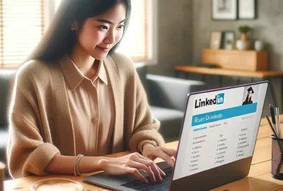 A recent graduate updating their LinkedIn profile on a laptop, showcasing their skills and accomplishments in a modern, bright workspace.