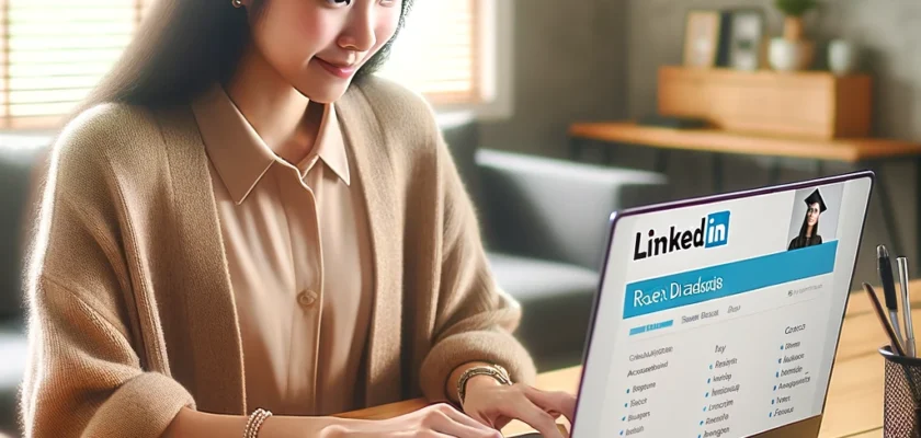 A recent graduate updating their LinkedIn profile on a laptop, showcasing their skills and accomplishments in a modern, bright workspace.