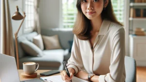 Candidate preparing for a job interview, reviewing notes and practicing responses in a calm, organized home office setting.