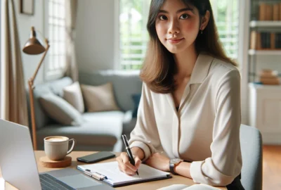 Candidate preparing for a job interview, reviewing notes and practicing responses in a calm, organized home office setting.