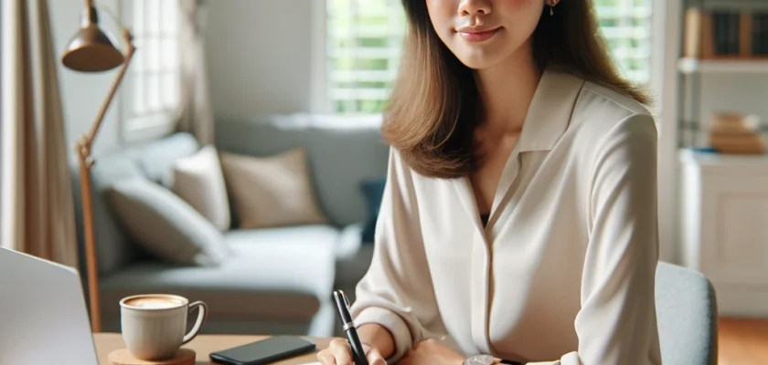 Candidate preparing for a job interview, reviewing notes and practicing responses in a calm, organized home office setting.