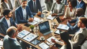 A diverse group of professionals engaged in a strategic meeting, demonstrating effective leadership and communication.