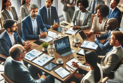 A diverse group of professionals engaged in a strategic meeting, demonstrating effective leadership and communication.