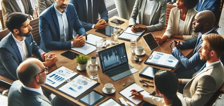 A diverse group of professionals engaged in a strategic meeting, demonstrating effective leadership and communication.