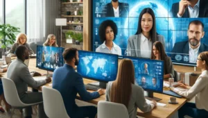 Diverse team engaging in a virtual meeting, showcasing the effectiveness of remote work environments in 2024, highlighting technology, collaboration, and global interaction