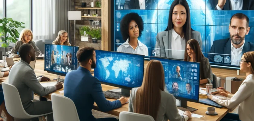 Diverse team engaging in a virtual meeting, showcasing the effectiveness of remote work environments in 2024, highlighting technology, collaboration, and global interaction