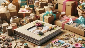 A collection of beautifully crafted handmade gifts including photo albums, scrapbooks, and custom jewelry, perfect for special occasions.