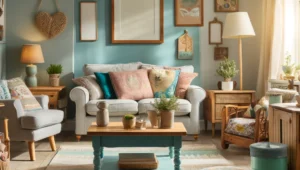 A bright and welcoming home interior showcasing a freshly painted living room in soothing colors, with newly upcycled furniture adding a personal touch.