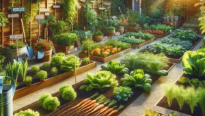 A lush, productive home vegetable garden showcasing a variety of plants like tomatoes, carrots, and lettuces thriving under optimal sunny conditions.