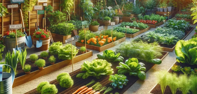 A lush, productive home vegetable garden showcasing a variety of plants like tomatoes, carrots, and lettuces thriving under optimal sunny conditions.