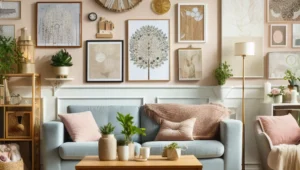A beautifully arranged living room featuring DIY home decor projects, including wall art and refurbished furniture, showcasing a stylish and personalized interior.
