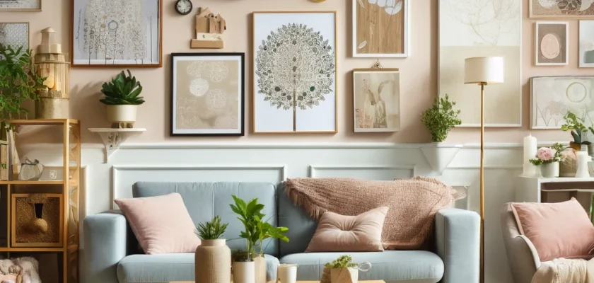 A beautifully arranged living room featuring DIY home decor projects, including wall art and refurbished furniture, showcasing a stylish and personalized interior.