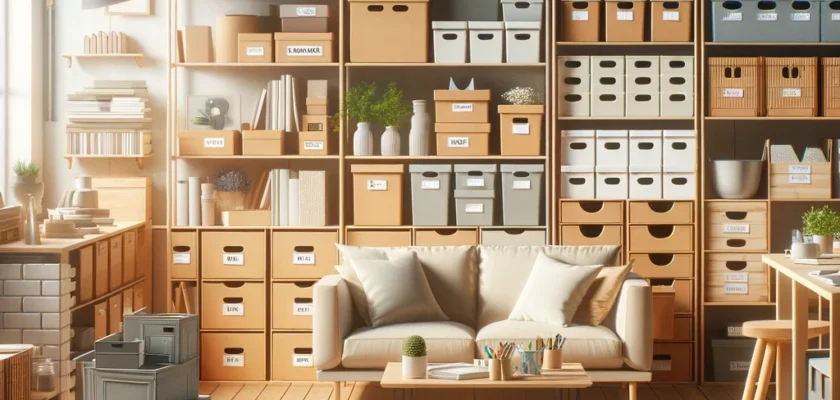 A well-organized home space showing various budget-friendly organizing solutions such as labeled boxes, upcycled containers, and neatly arranged shelves.