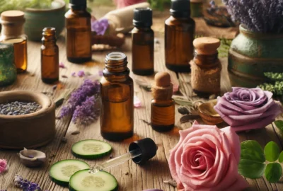 Essential oils displayed on a wooden surface, including lavender, rose, and tea tree, with dropper bottles and natural ingredients around them, symbolizing natural skincare benefits.