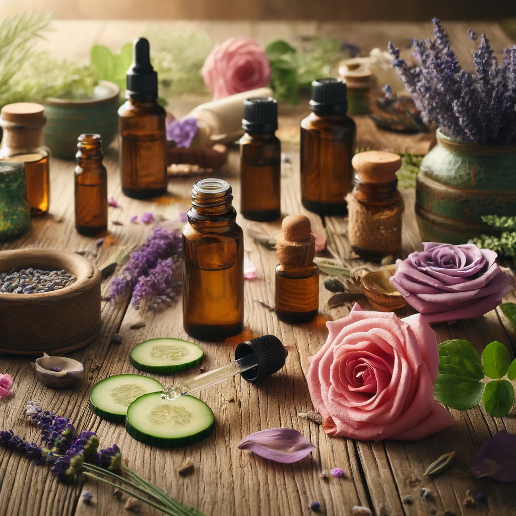 Essential oils displayed on a wooden surface, including lavender, rose, and tea tree, with dropper bottles and natural ingredients around them, symbolizing natural skincare benefits.