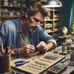 A craftsman creating unique handcrafted jewelry in a well-lit workshop, focusing on intricate beading and wire work.