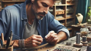 A craftsman creating unique handcrafted jewelry in a well-lit workshop, focusing on intricate beading and wire work.