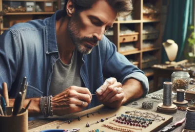 A craftsman creating unique handcrafted jewelry in a well-lit workshop, focusing on intricate beading and wire work.