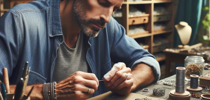 A craftsman creating unique handcrafted jewelry in a well-lit workshop, focusing on intricate beading and wire work.