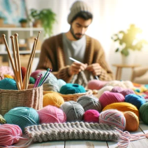 A colorful array of yarns and knitting needles, with a person in the background working on a crochet project, illustrating the vibrant and creative world of knitting and crochet.