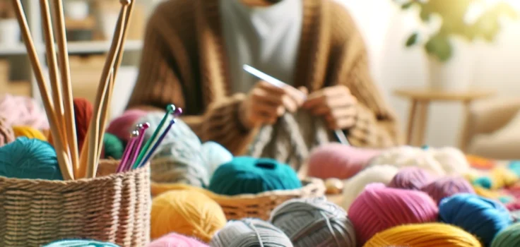 A colorful array of yarns and knitting needles, with a person in the background working on a crochet project, illustrating the vibrant and creative world of knitting and crochet.