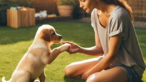 A playful scene with a new puppy learning to sit on command during a training session in a grassy backyard, symbolizing the start of effective puppy training.